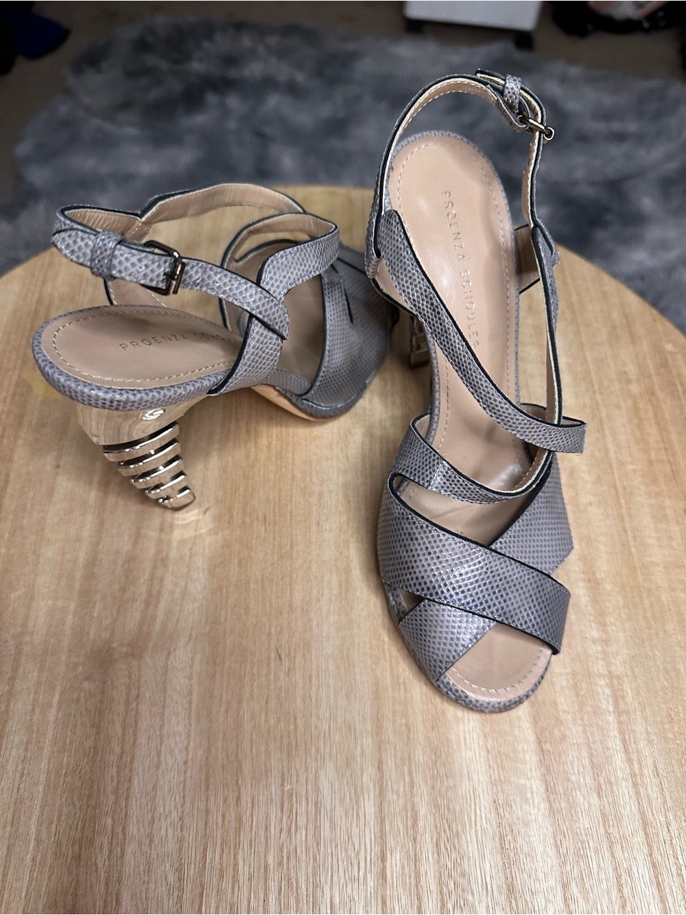 Proenza Schouler Gray Textured Leather Spiral-Heel Sandals